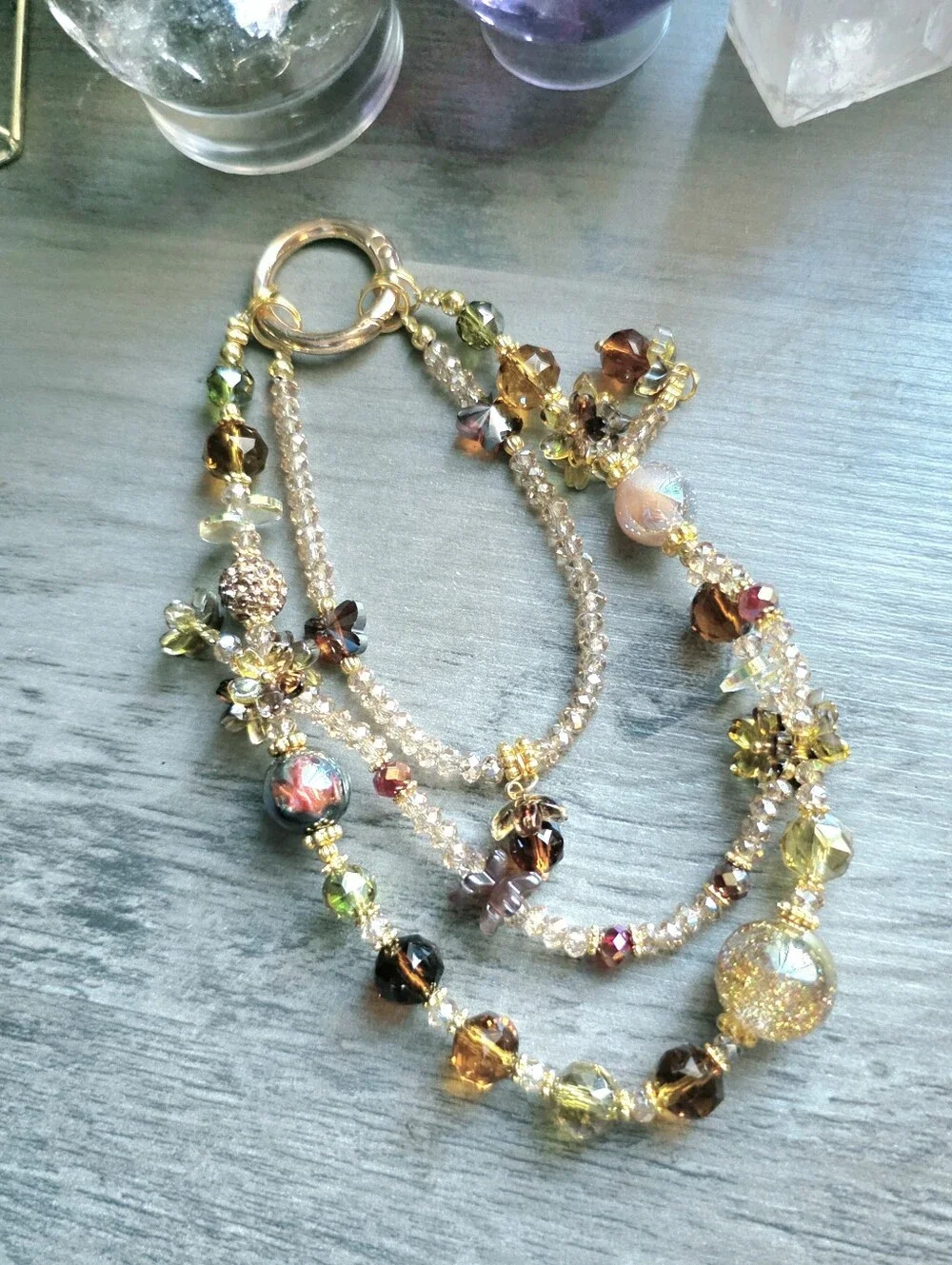 Trendy Phone or Bag Charm Earthy Gold-Tone Iridescent & Amber Multi-Strand